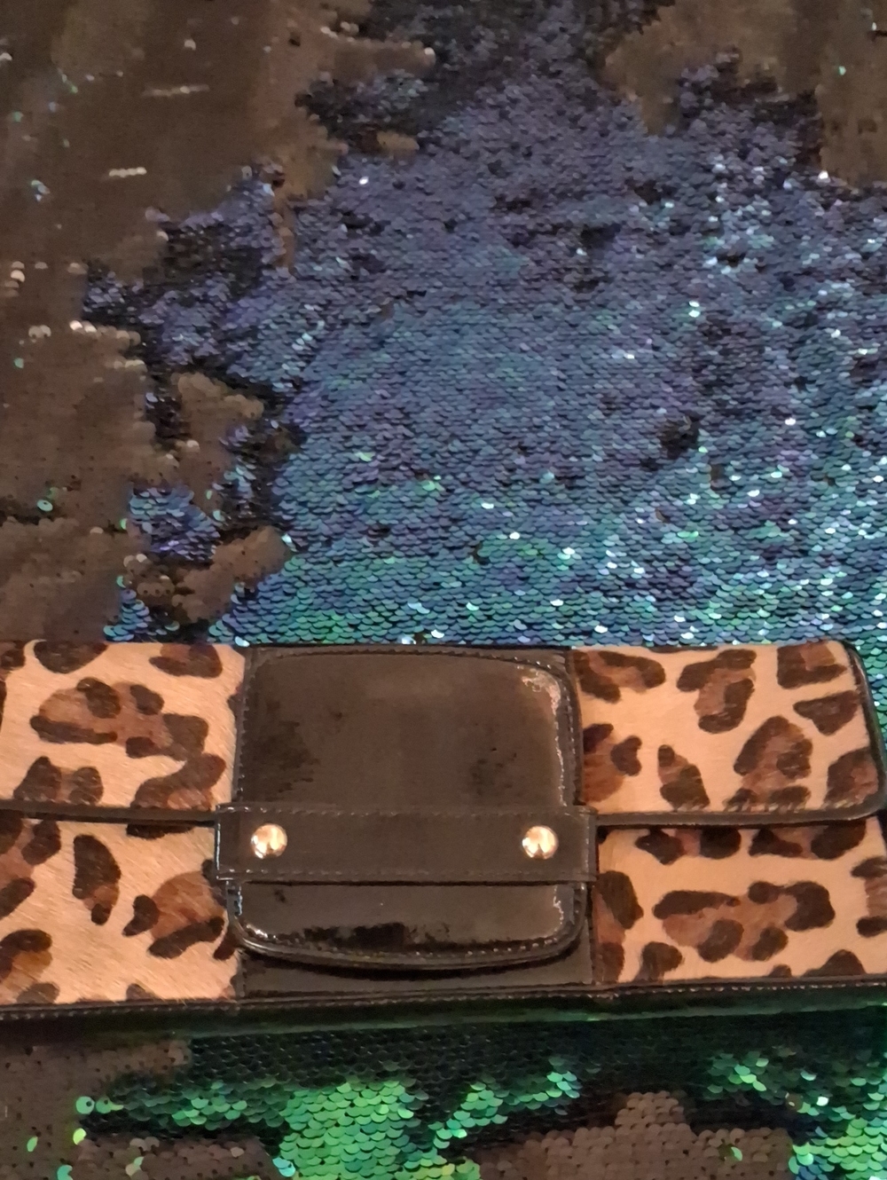 Alfani Leopard Print Clutch with Black Patent Accent